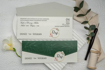 Katlamalı Yeşil Düğün Davetiyesi 9177
