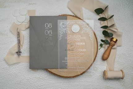 Gri Zarflı Şeffaf Düğün Davetiyesi 9368